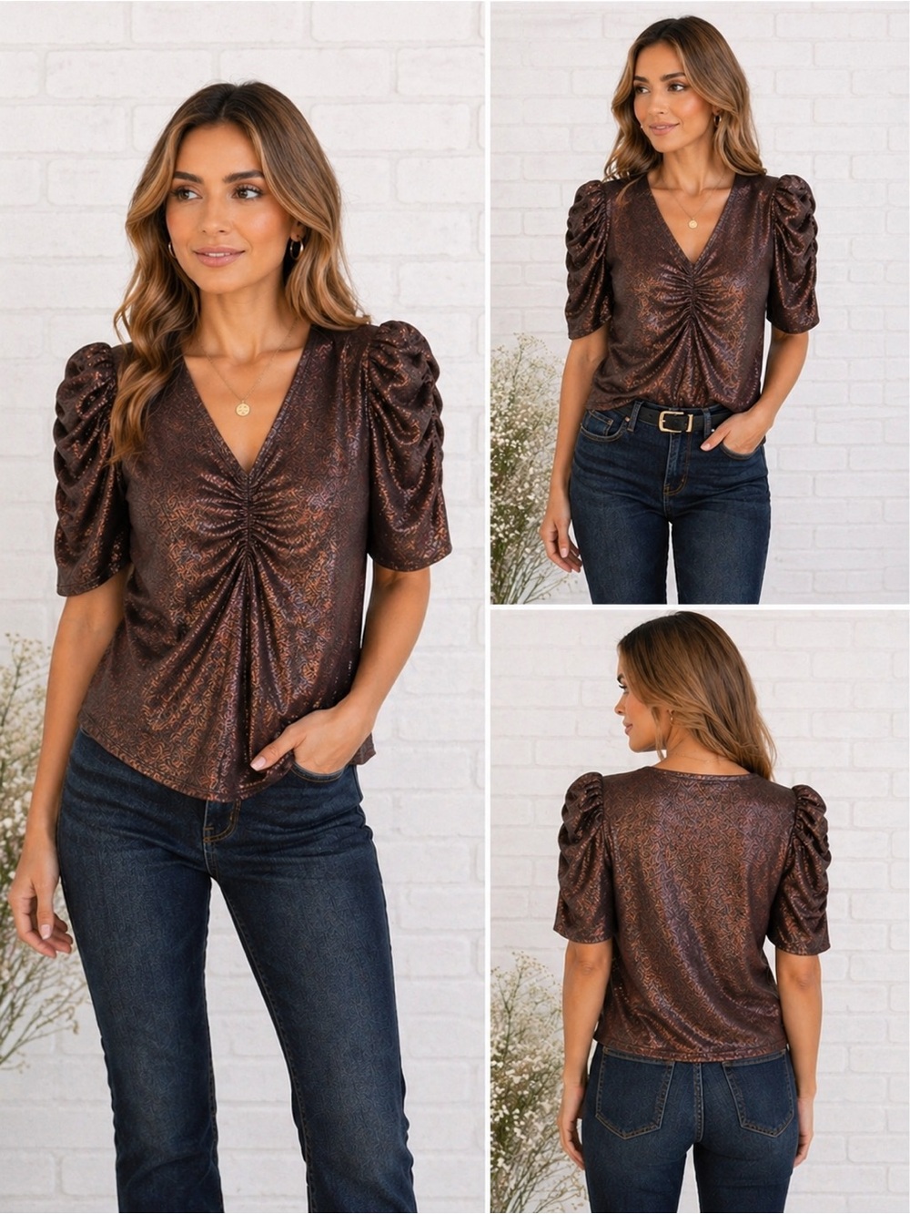 Anthropologie bishop + young Bronze Metallic Ruched Puff Sleeve Blouse Size S